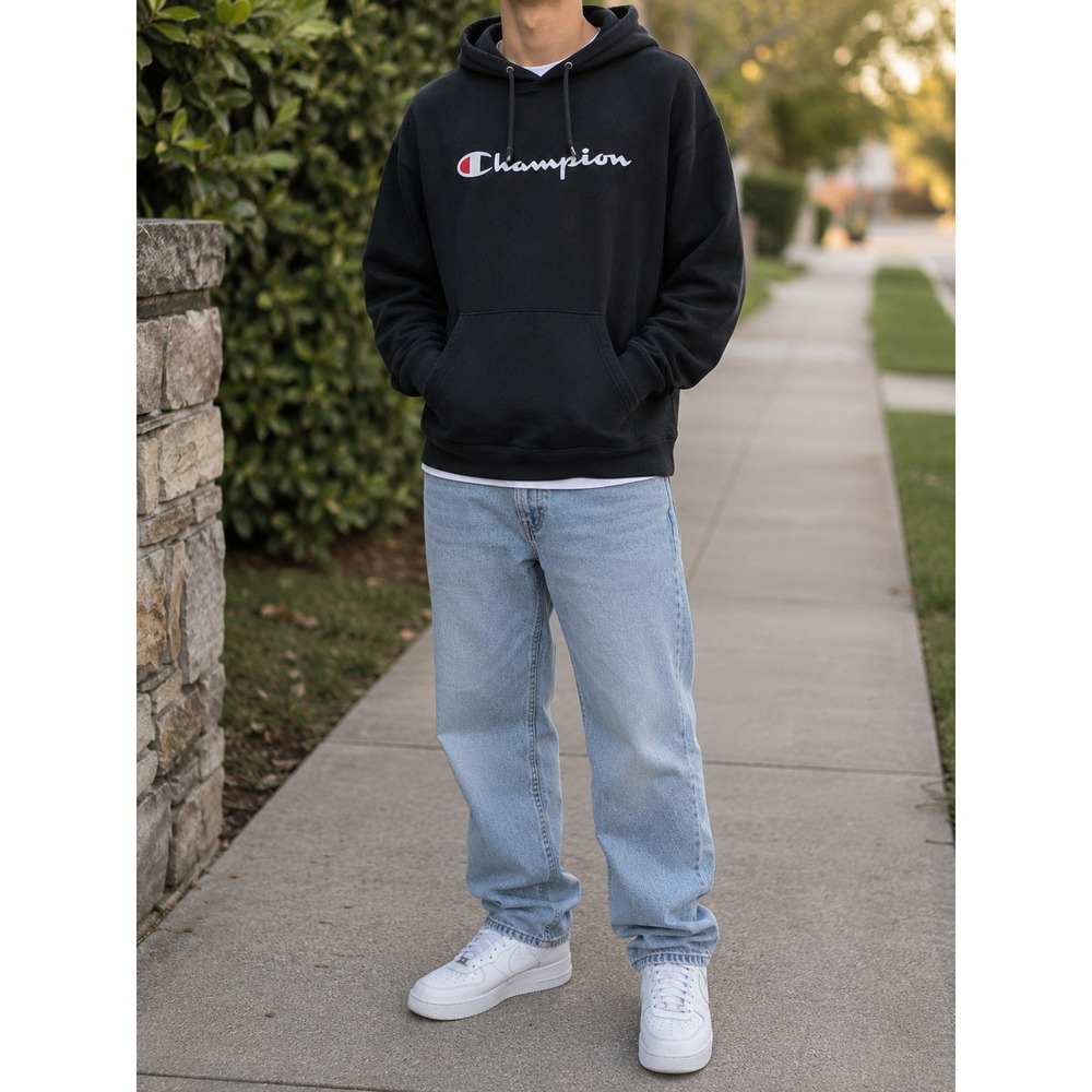 Champion Hoodie Mens XL Black Script Logo Pullover Sweatshirt AW966H Authentic